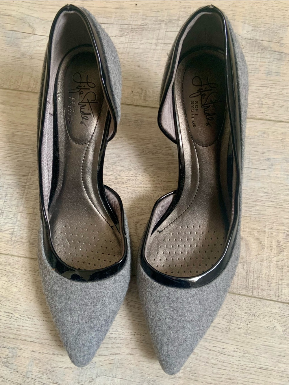 Life Stride Gray Pointed Toe D'Orsay Pumps with Patent Trim - Size 9